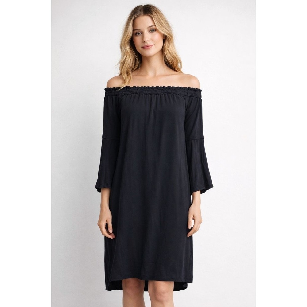 MALIA MILLS Dress Womens XS Black‎ Grey Silk Rayon Off Shoulder Boho Peasant